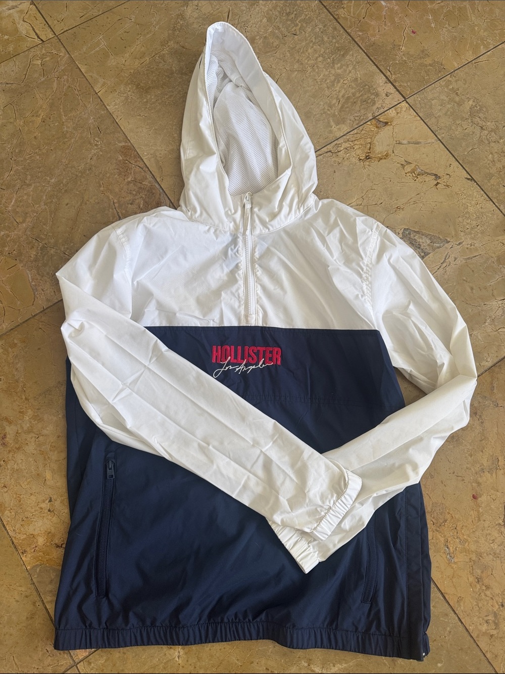 Hollister White, Navy & Red Hooded Windbreaker Pullover